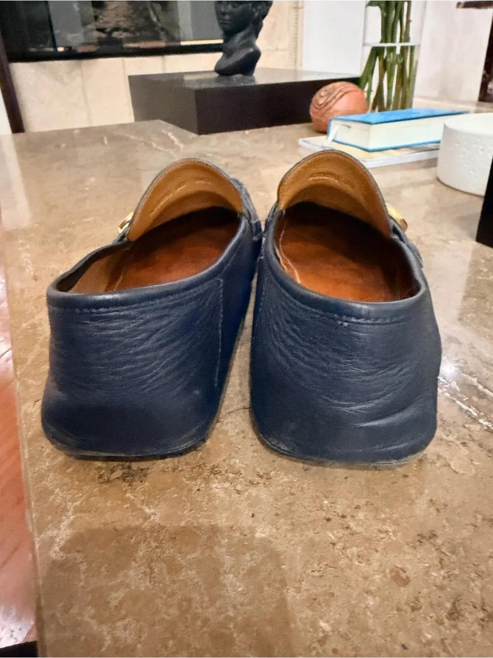 Gucci Men’s Navy Leather Loafers with Red Web Stripe